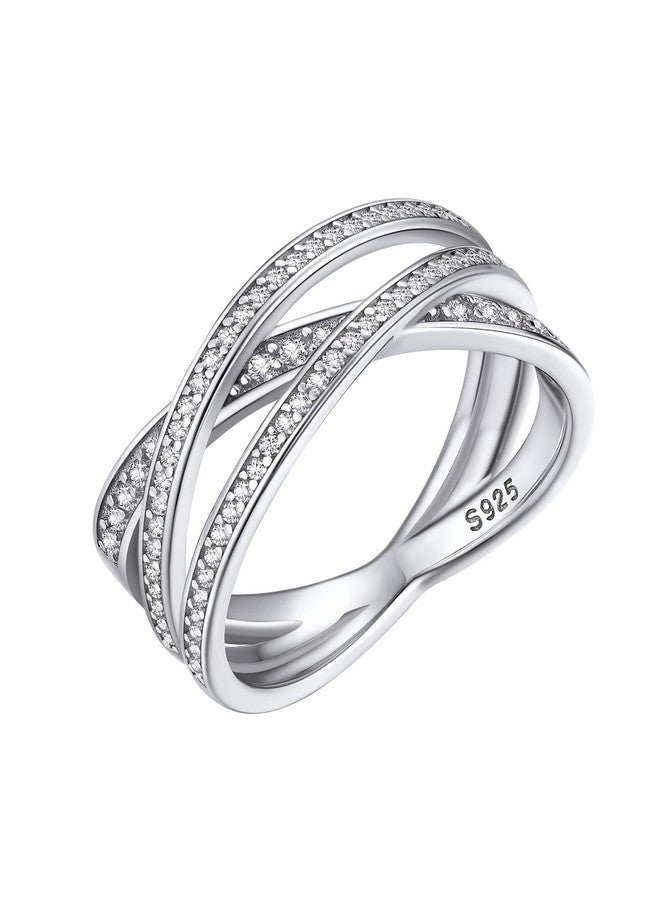 Bestyle 925 Sterling Silver Criss Cross Ring Casual Finger Diamond Ring for Women | Thin Band for Stacking | Simulated Diamond Eternity Wedding Band | Size 8 - Image 1